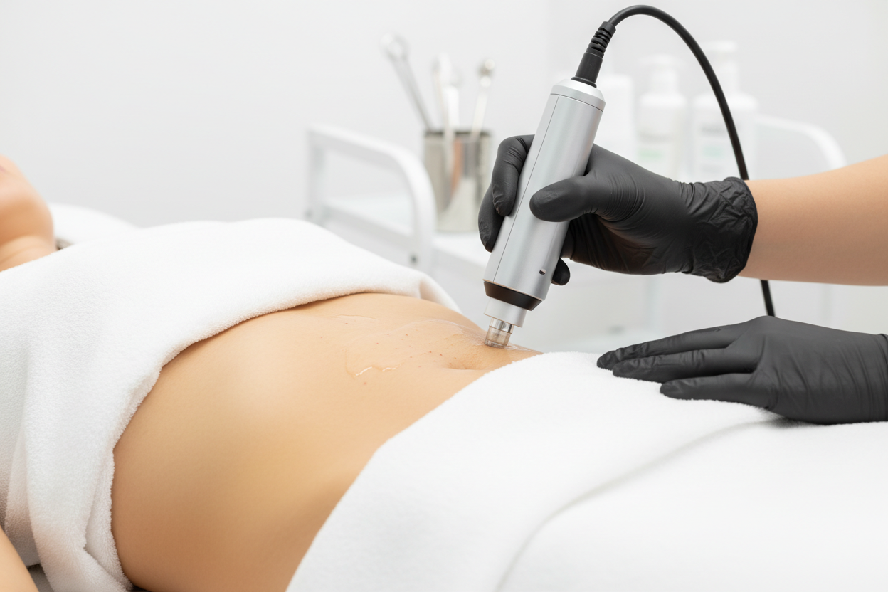 Person microneeding on the tummy held by a BLACK gloved hand WITH A CLEAN BACKGROUND 