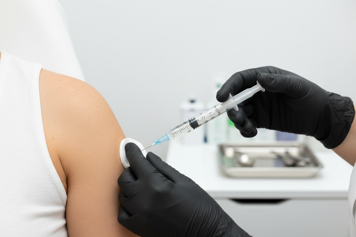 Person receiving a B12 njection with a syringe held by a BLACK gloved hand WITH A CLEAN BACKGROUND 