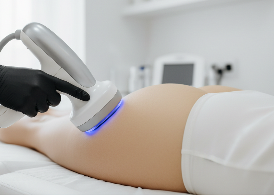 Person receiving a body sculpting on the bum held by a BLACK gloved hand WITH A CLEAN BACKGROUND 
