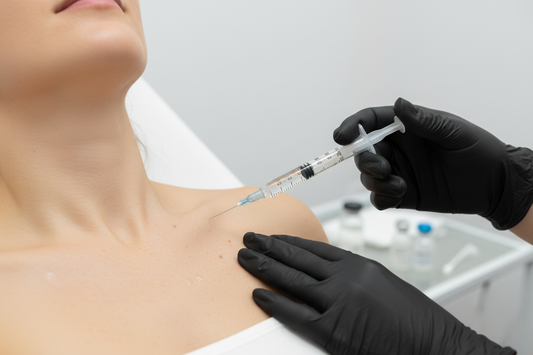 Person receiving a décolletage booster injection with a syringe held by a BLACK gloved hand WITH A CLEAN BACKGROUND 