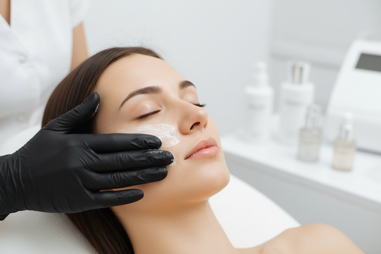 Person receiving a facial by a BLACK gloved hand WITH A CLEAN BACKGROUND 
