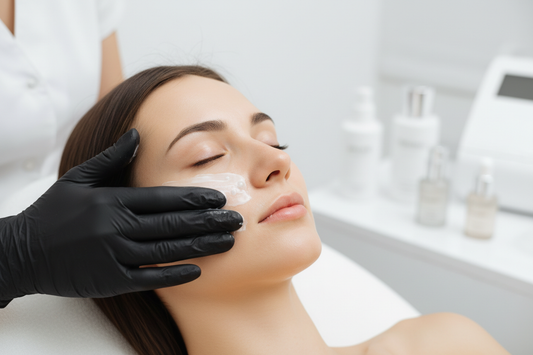 Person receiving a facial by a BLACK gloved hand WITH A CLEAN BACKGROUND 
