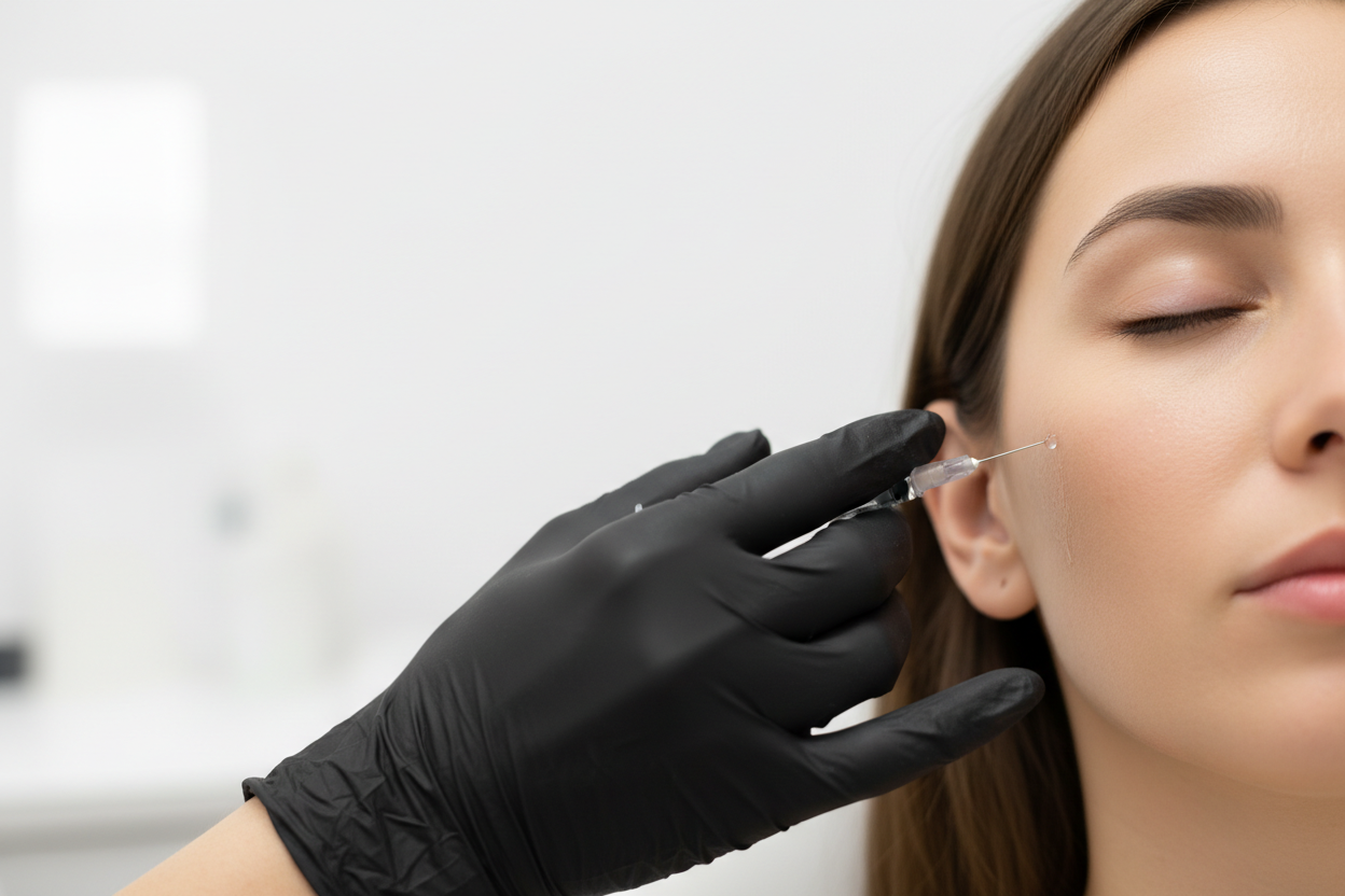 Person receiving a facial cheek  injection with a syringe held by a BLACK gloved hand WITH A CLEAN BACKGROUND 