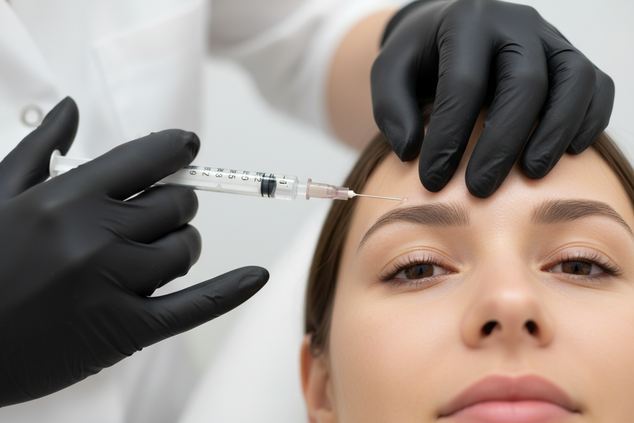Person receiving a facial injection  on the brows with a syringe held by a BLACK gloved hand WITH A CLEAN BACKGROUND 