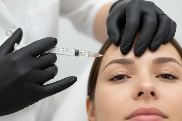 Person receiving a facial injection  on the brows with a syringe held by a BLACK gloved hand WITH A CLEAN BACKGROUND 