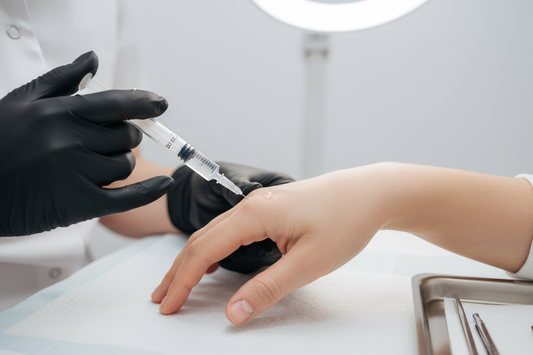 Person receiving a HANDS BOOSTER Injection with a syringe held by a BLACK gloved hand WITH A CLEAN BACKGROUND 