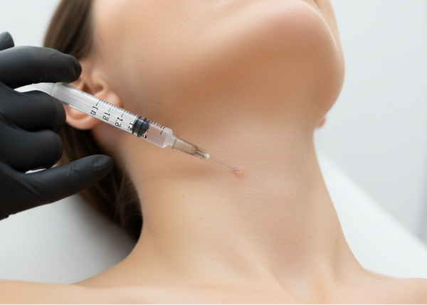 Person receiving a NECK BOOSTER injection with a syringe held by a BLACK gloved hand WITH A CLEAN BACKGROUND 